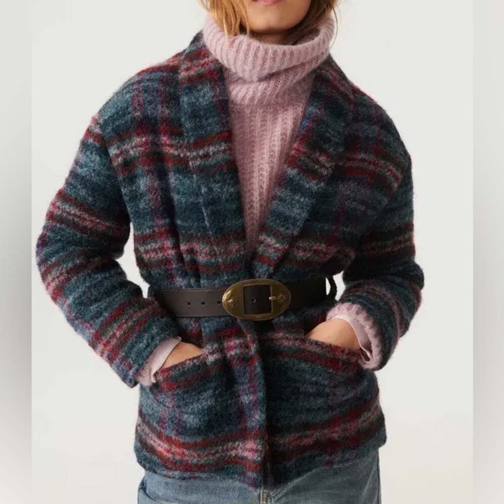 ba&sh Plaid Wool Blend Jacket in Teal, Burgundy and Gray
